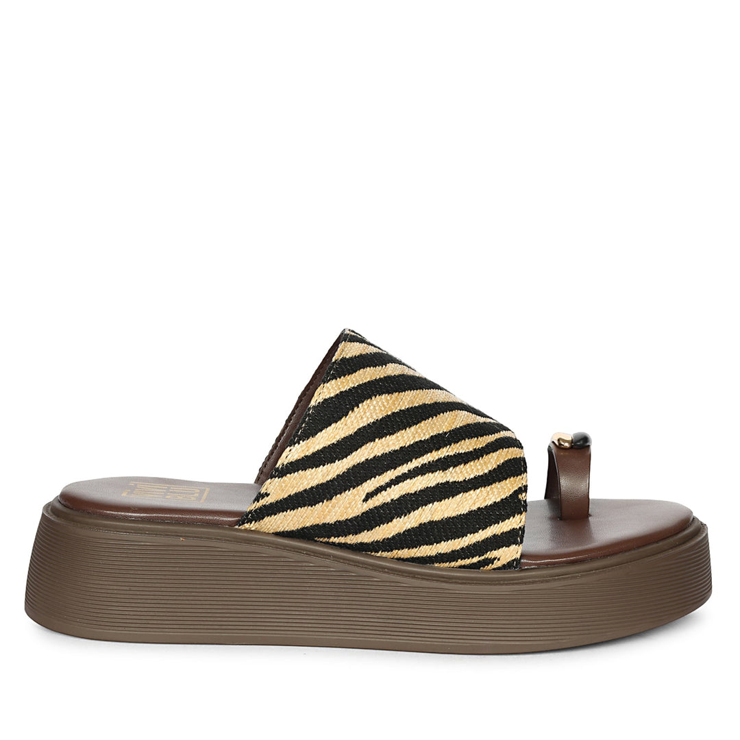Madelyn Black Beige Zebra Leather Platform Sandals
