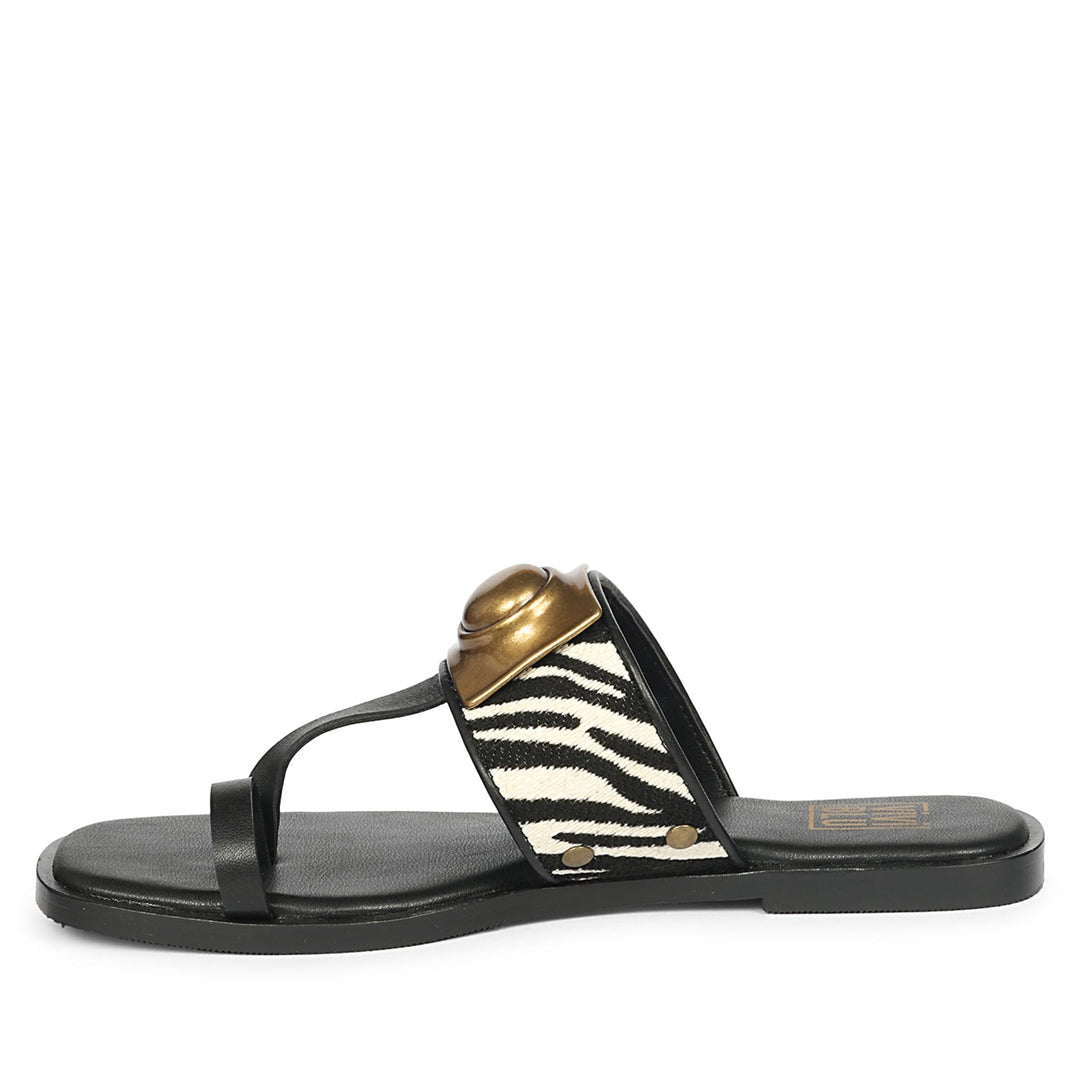 Lilian Black & White Leather Flat Sandals