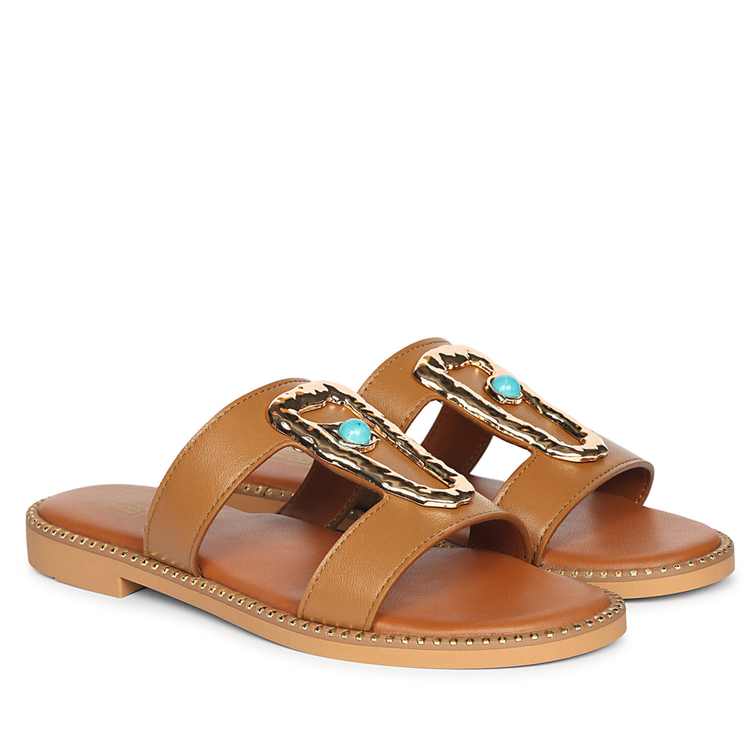 Catalina Tan Leather Flat Sandals