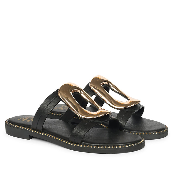 Reina Black Leather Flat Sandals