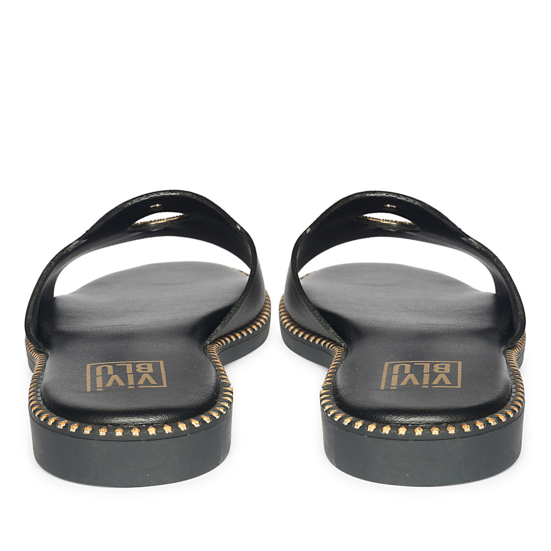 Freja Black Leather Flat Sandals