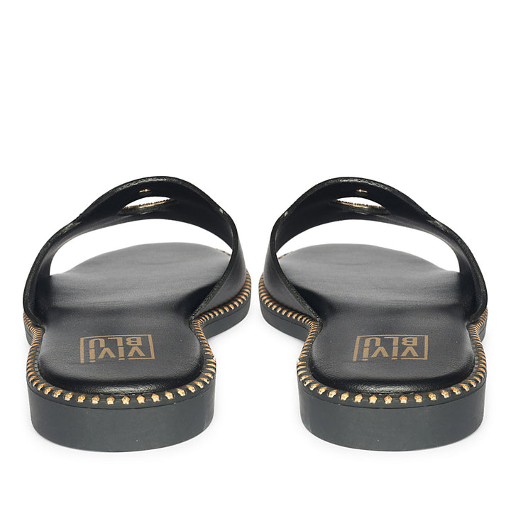 Freja Black Leather Flat Sandals