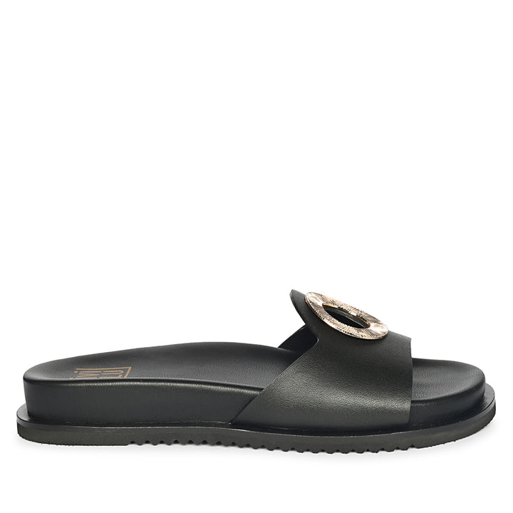Tilda Black Leather Flat Sandals