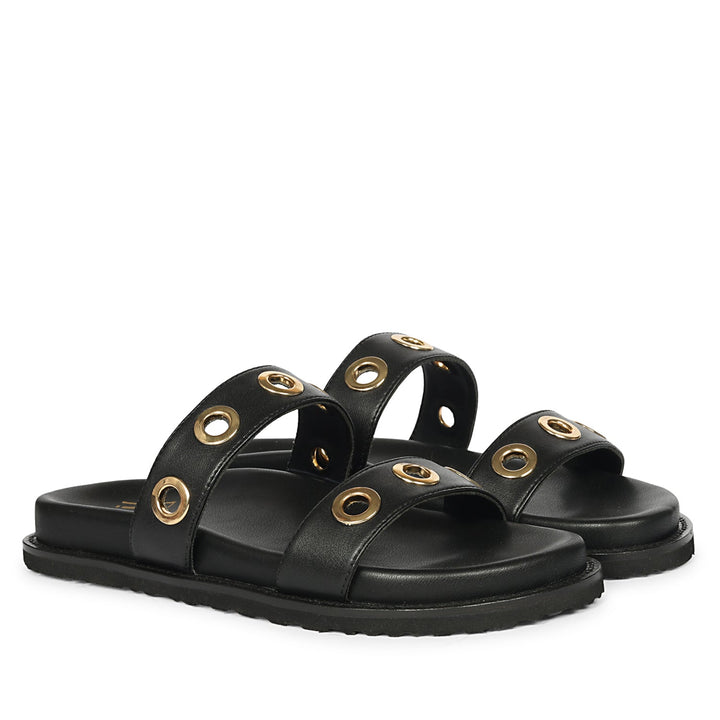 Davina Black Leather Footbed Sandals