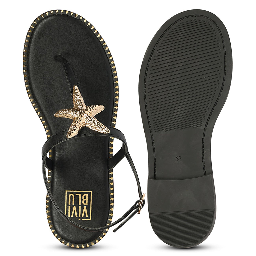 Melanie Black Leather Flat Sandals