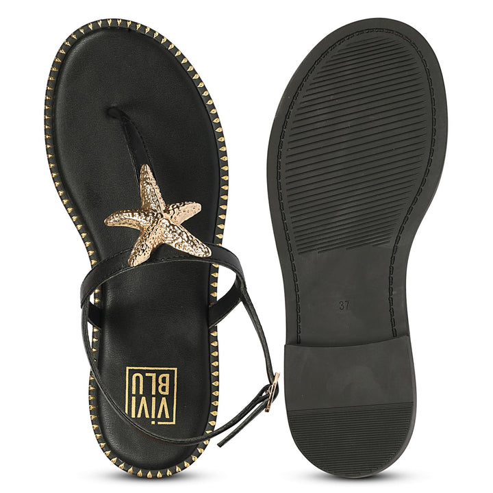 Melanie Black Leather Flat Sandals