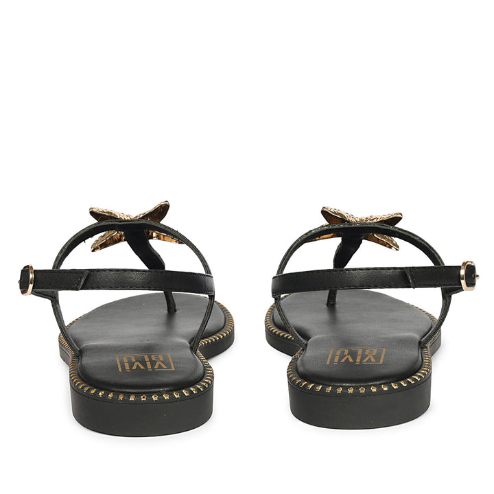 Melanie Black Leather Flat Sandals