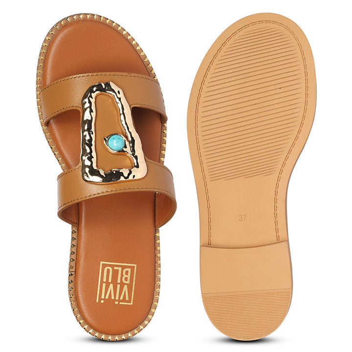 Catalina Tan Leather Flat Sandals
