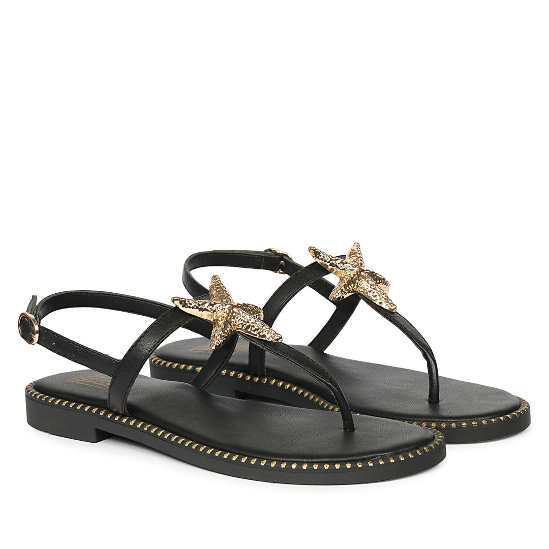 Melanie Black Leather Flat Sandals