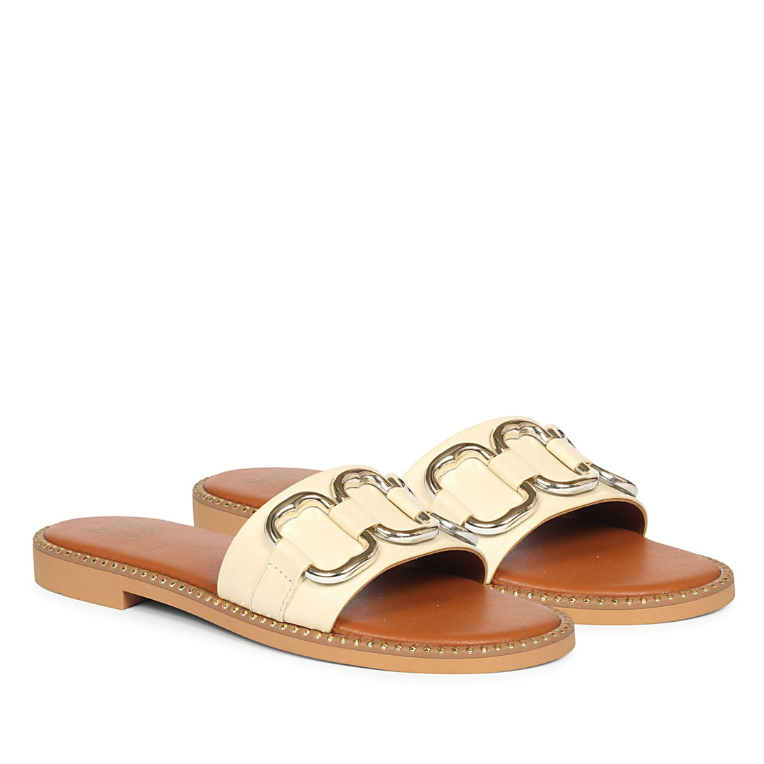 Eileen Off White Leather Flat Sandals