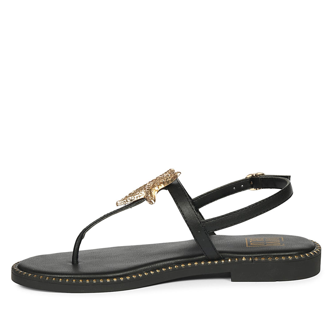 Melanie Black Leather Flat Sandals