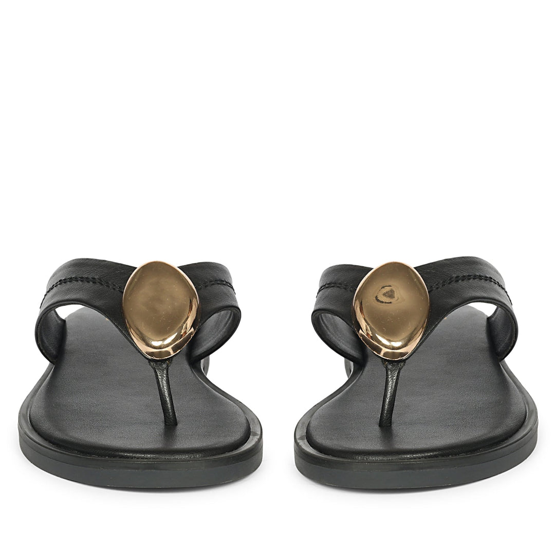 Leyla Black Leather Flat Sandals