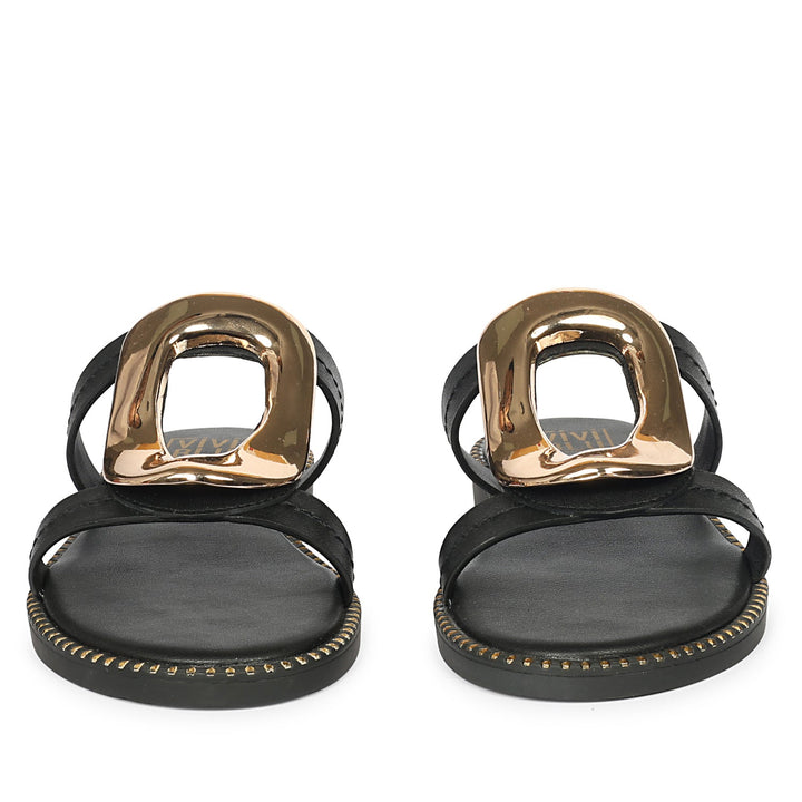 Reina Black Leather Flat Sandals