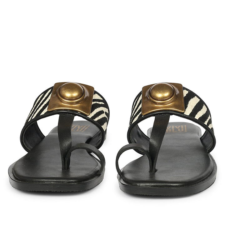 Lilian Black & White Leather Flat Sandals