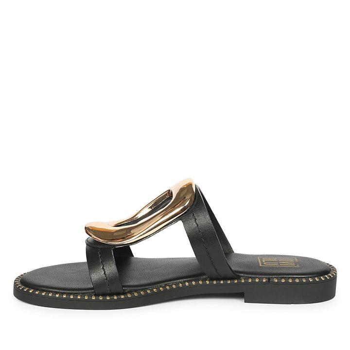 Reina Black Leather Flat Sandals