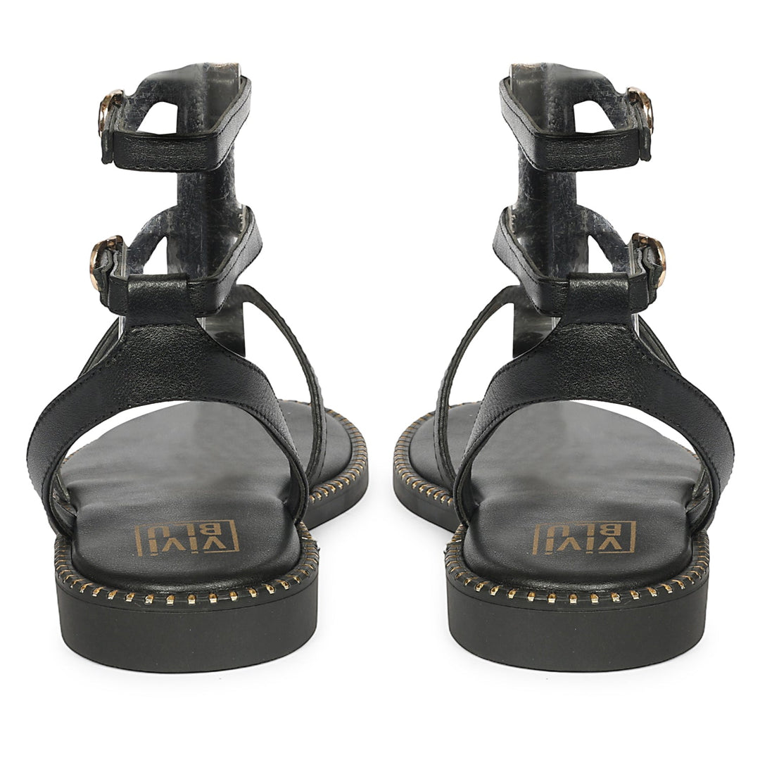 Estelle Black Leather Flat Sandals