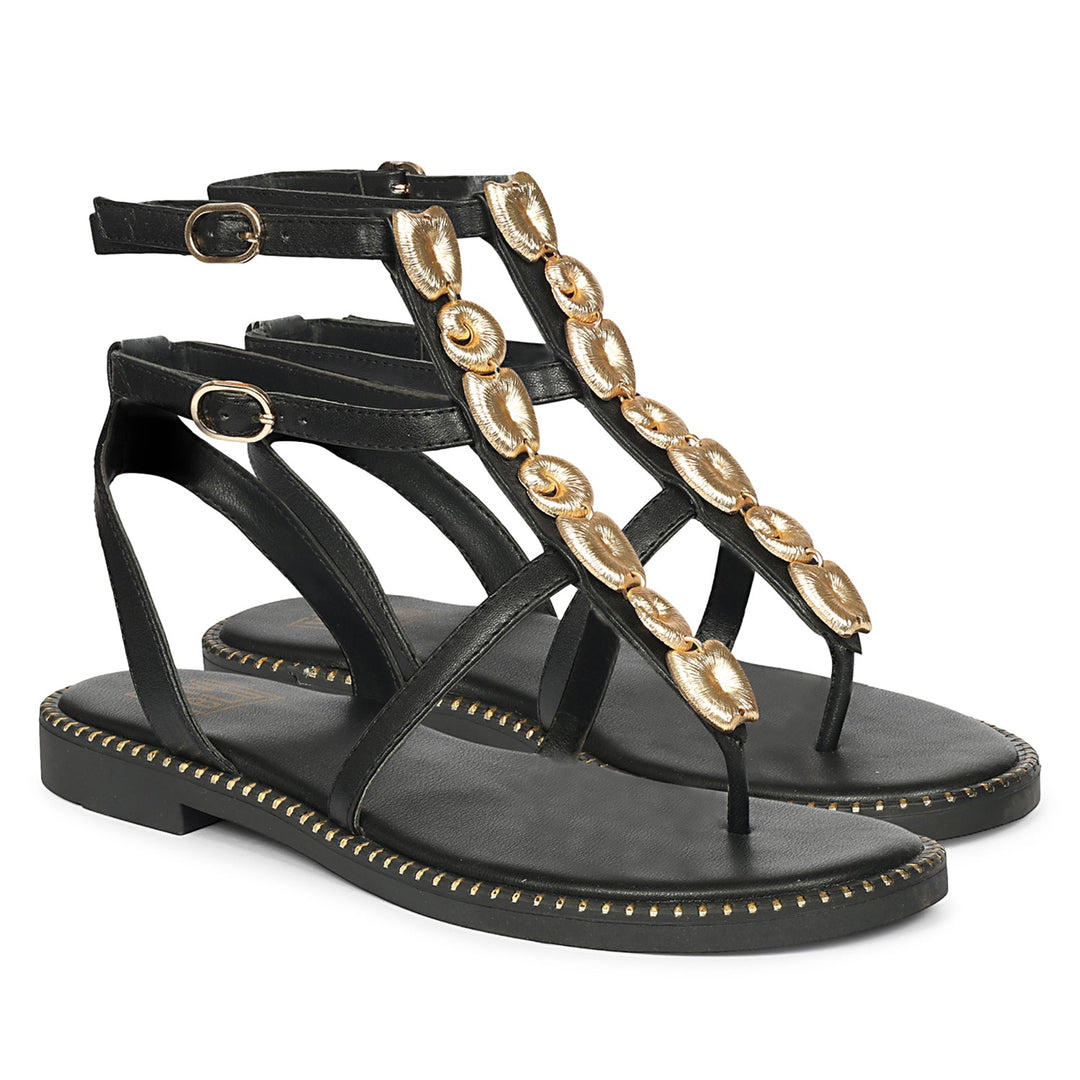 Estelle Black Leather Flat Sandals
