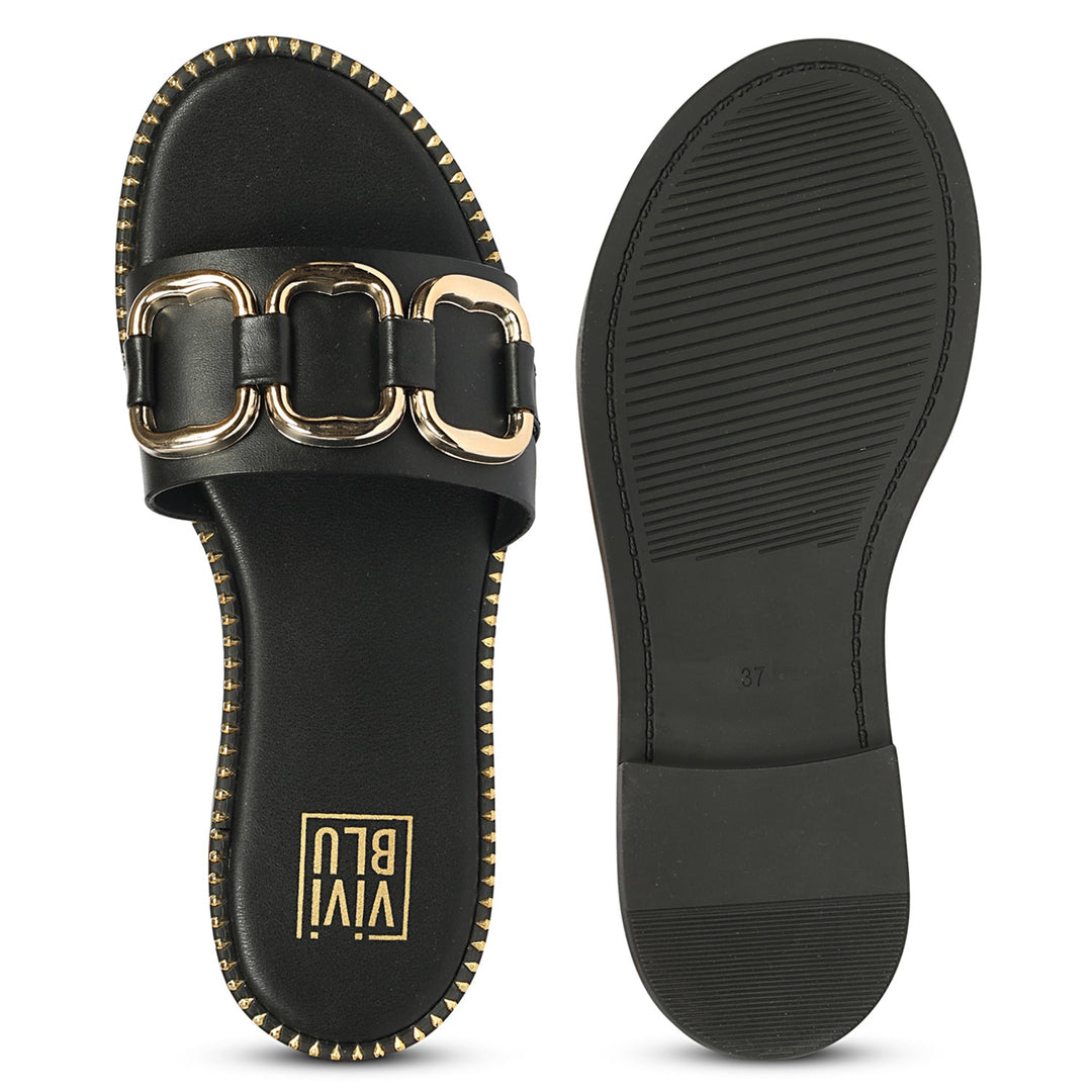 Eileen Black Leather Flat Sandals