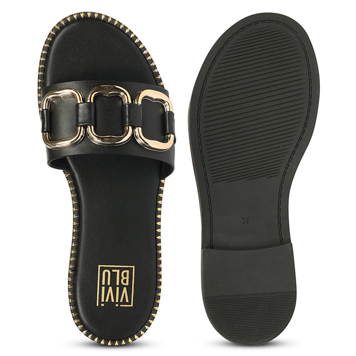 Eileen Black Leather Flat Sandals