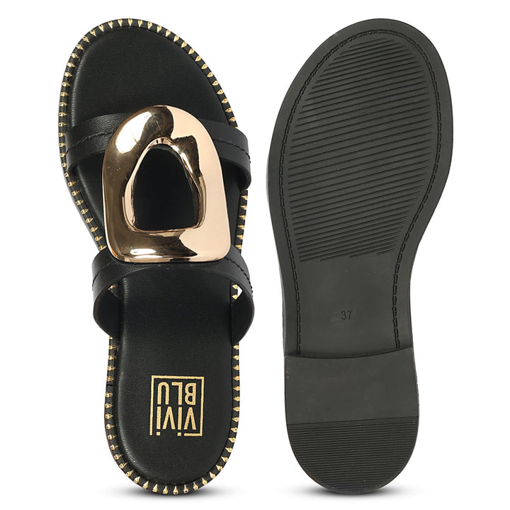 Reina Black Leather Flat Sandals
