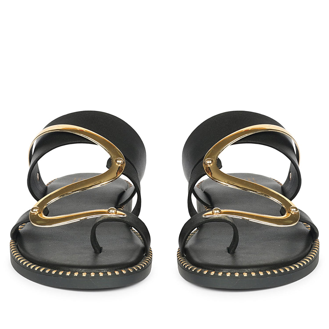 Layla Black Leather Flat Sandals