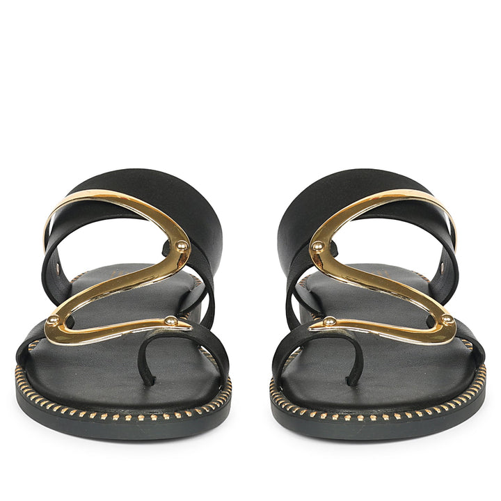Layla Black Leather Flat Sandals