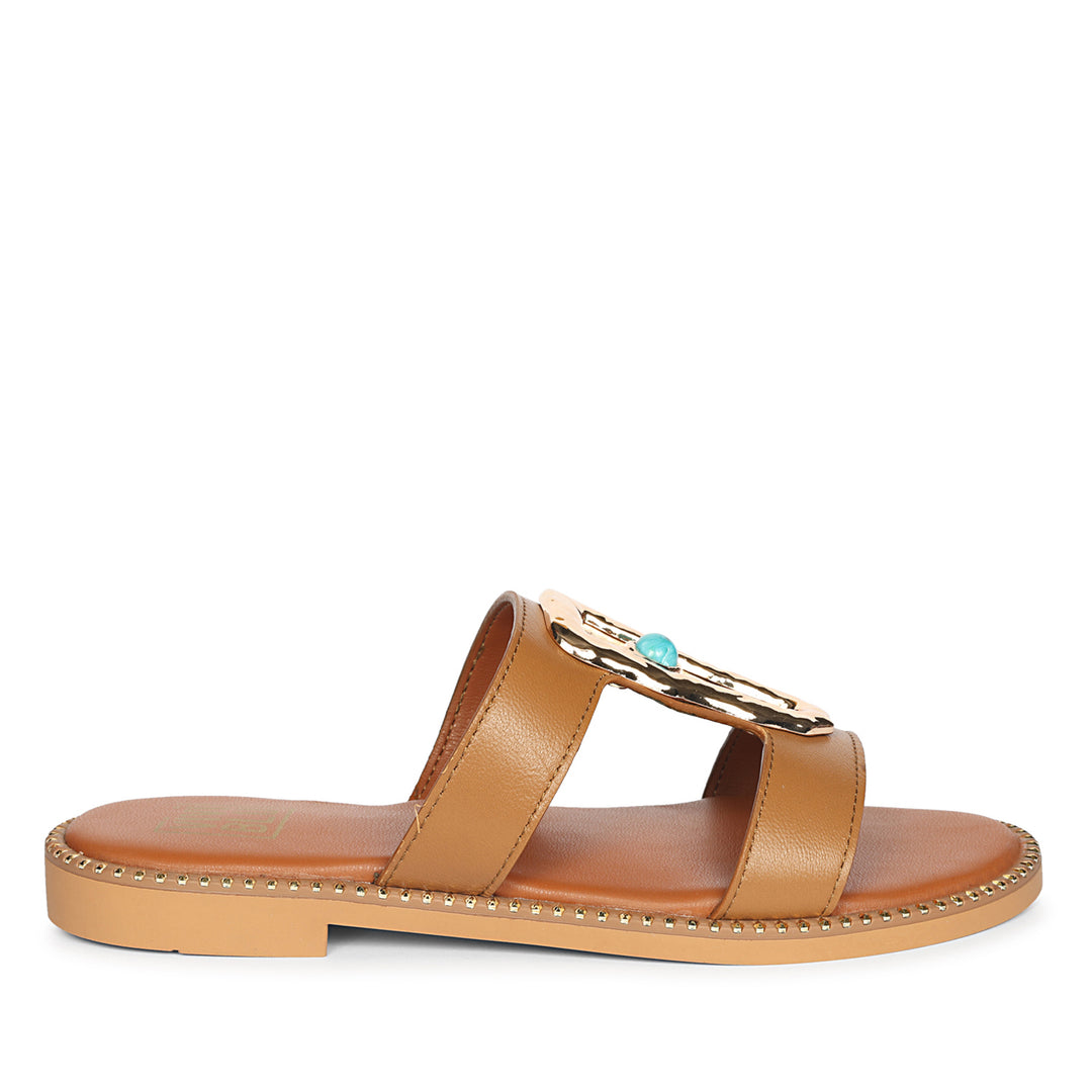 Catalina Tan Leather Flat Sandals