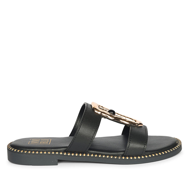 Catalina Black Leather Flat Sandals