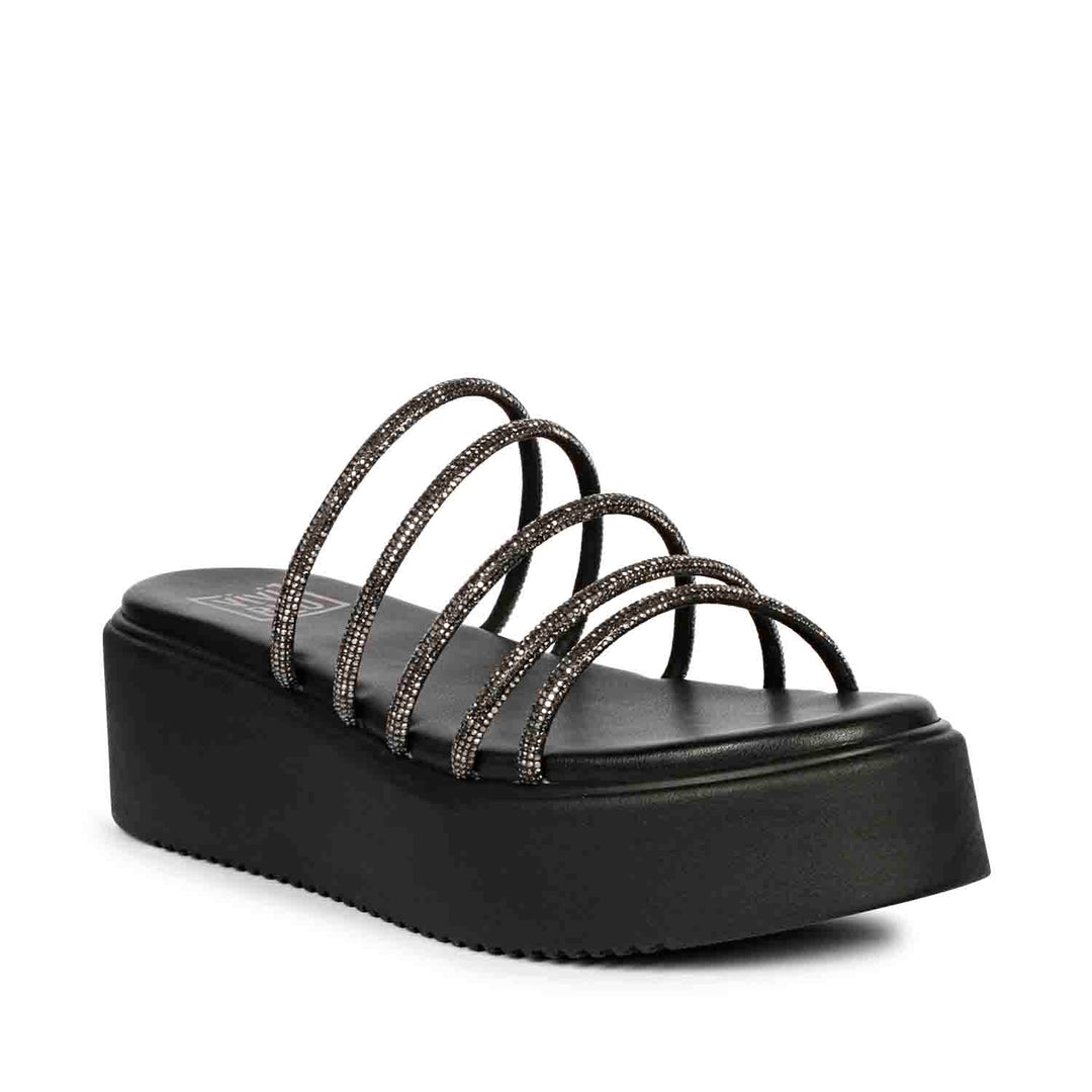 ViviBlu Black Leather Platform Sandals Embellished With Black Straps