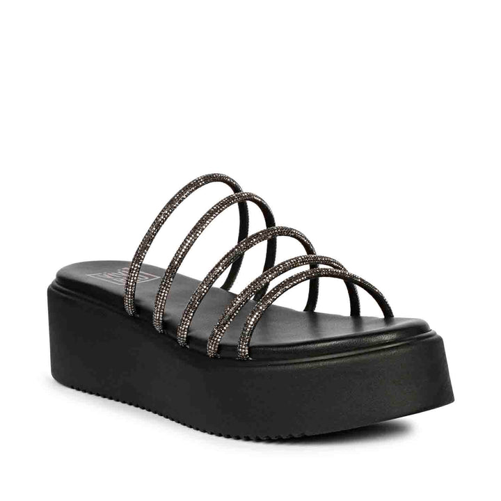 ViviBlu Black Leather Platform Sandals Embellished With Black Straps