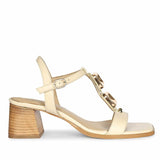 Saint Zoriel Gold Trim Off White Leather Block Heels