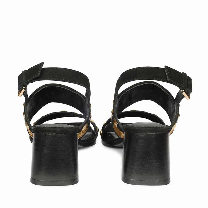 Saint Edie Embellished Metallic Black Leather Block Heel