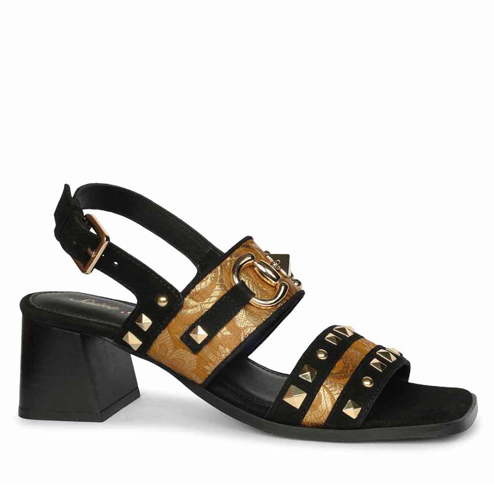 Saint Edie Embellished Metallic Black Leather Block Heel
