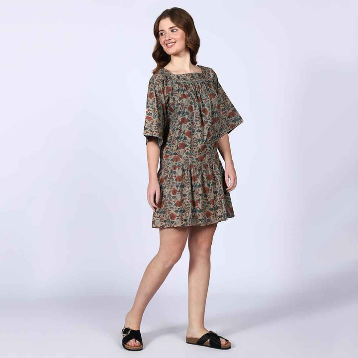 Saint Peyton Olive Printed Floral Cotton Poplin Mini Dress