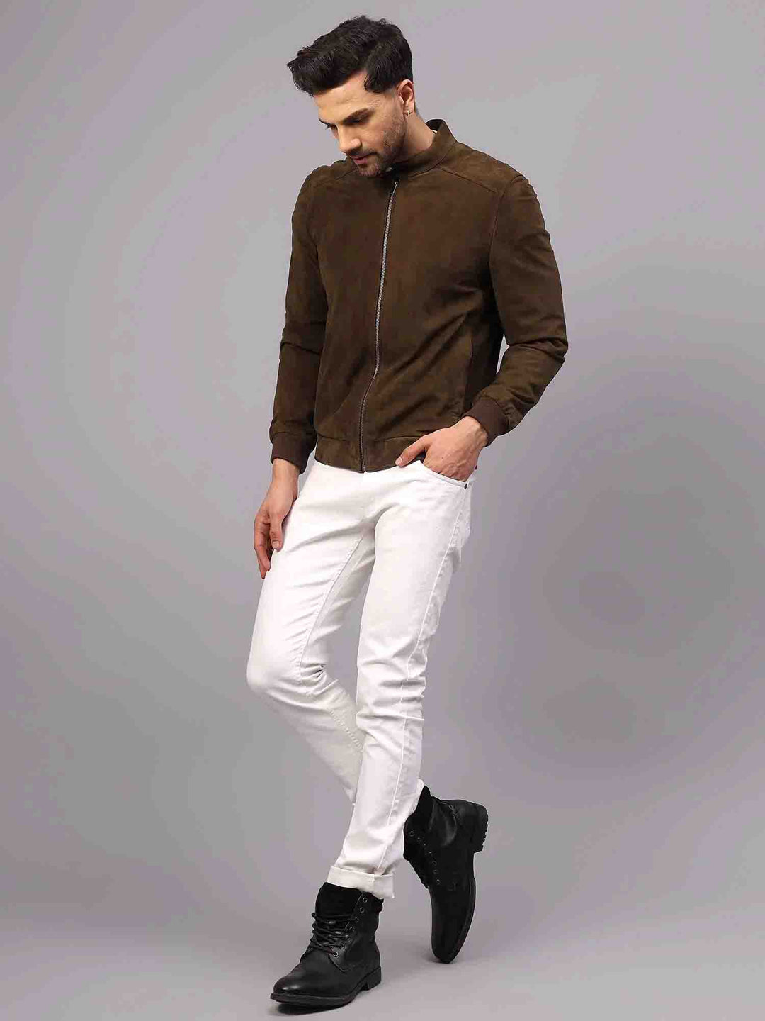 Saint Moreno Olive Suede Leather Men's Bomber Style Jackets