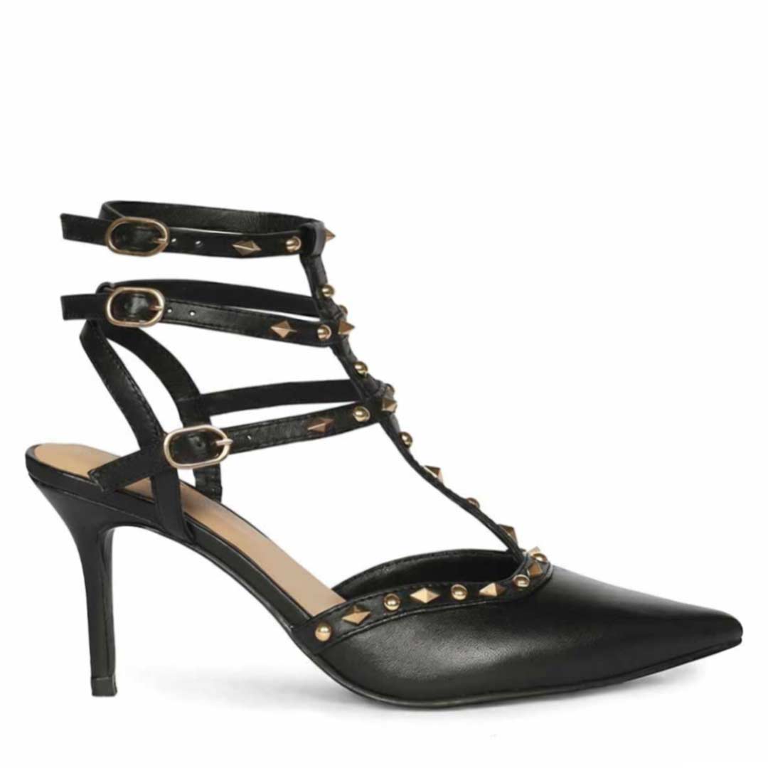 Saint Vorela Studded Multi Strap Black Leather Heels