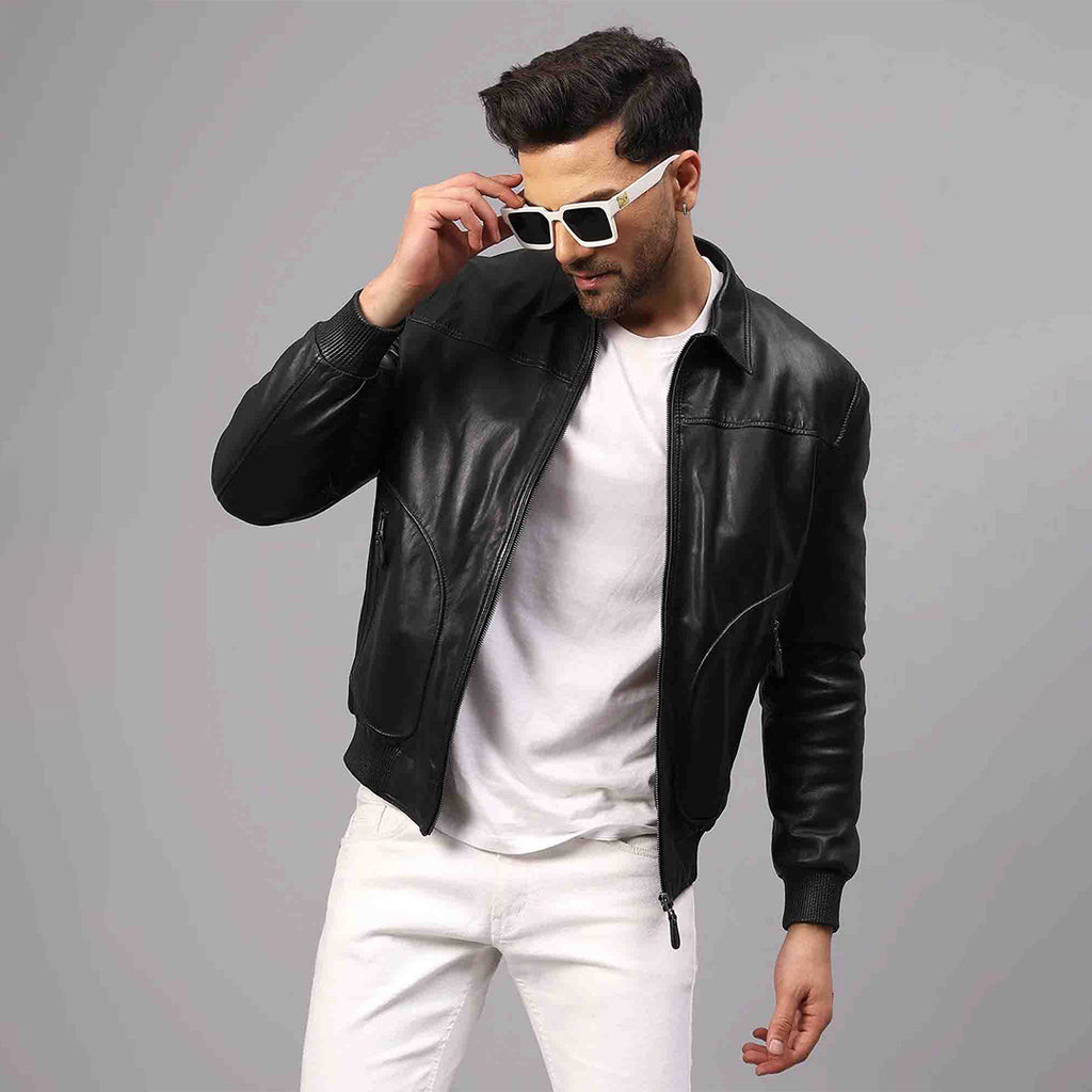 Buy Arduin Black Washable Leather Mens Bomber Jacket Online