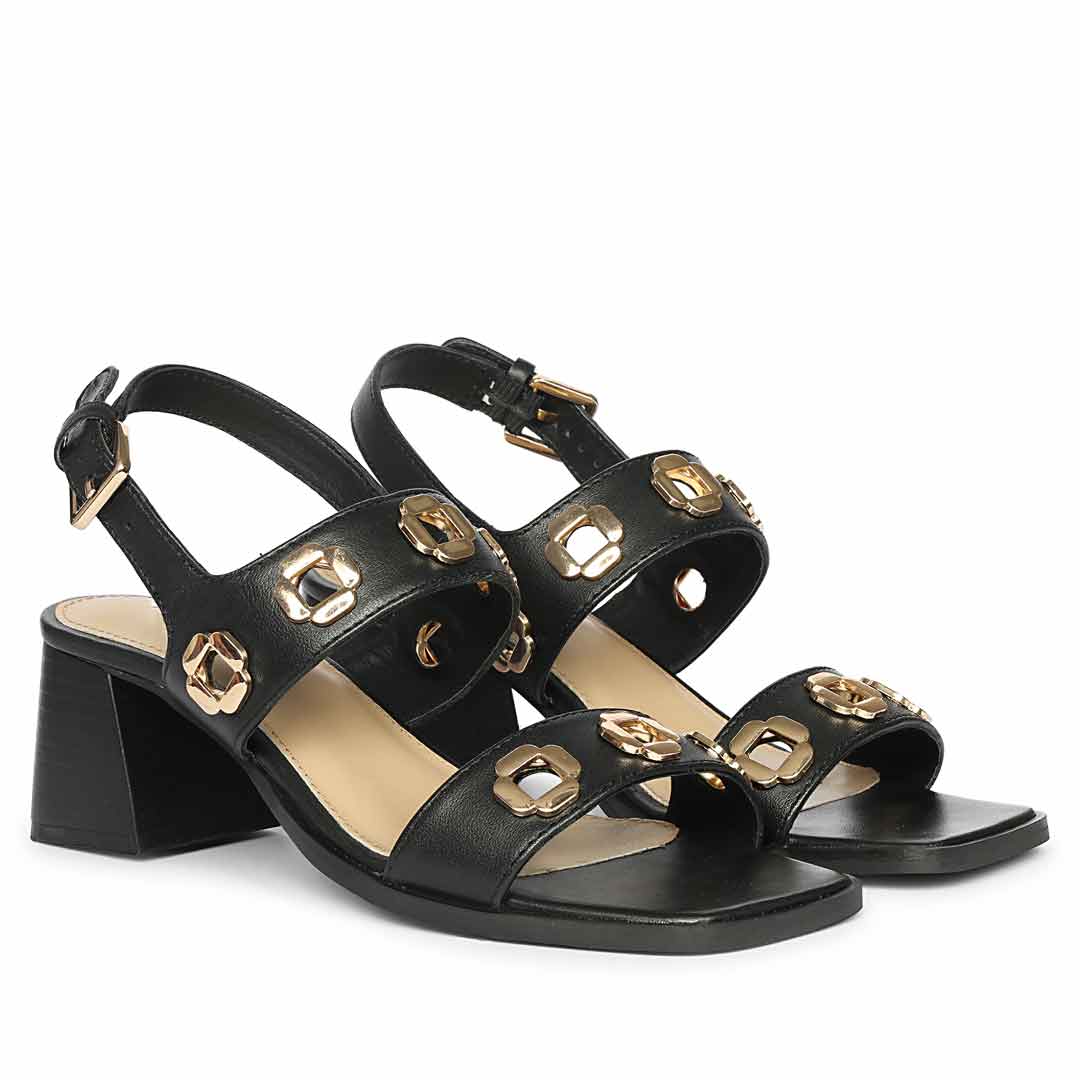 Saint Alviera Gold Flower Eyelets Leather Block Heels