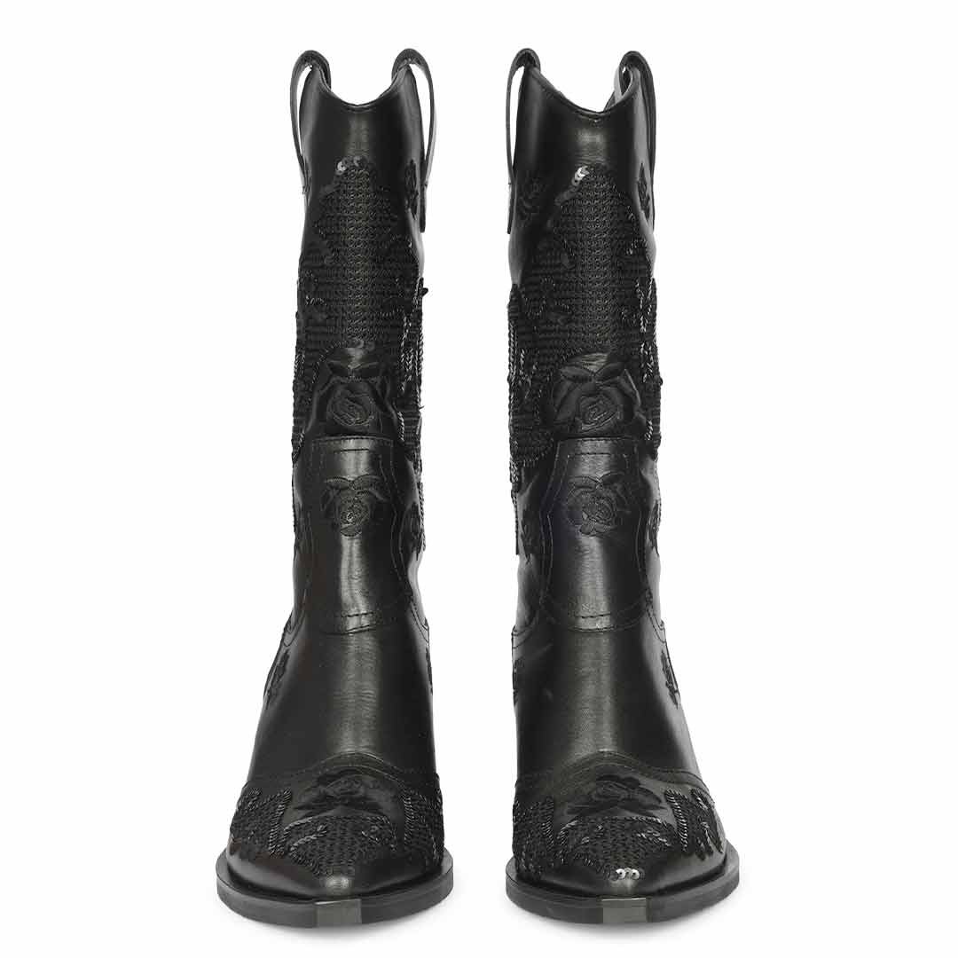 Saint Chloe Black Suede Leather Western Boots