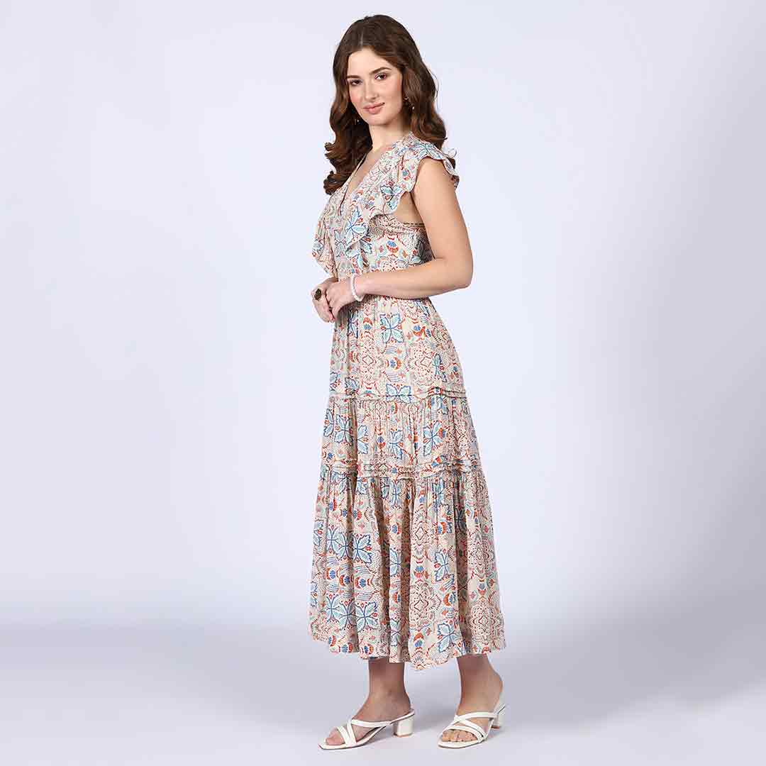 Saint Womens Beige Multicolour Printed Midi Dress