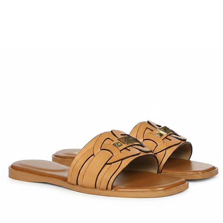 Saint Tyla Tan Leather Pyramid Stud Slides