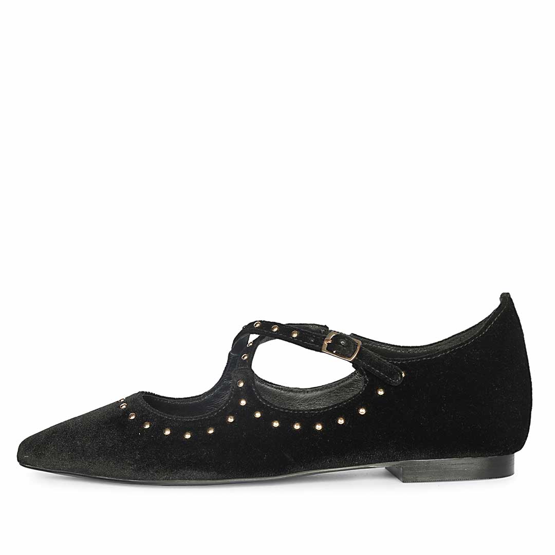 Saint Nivea Golden Studs Black Velvet Ballet Flats
