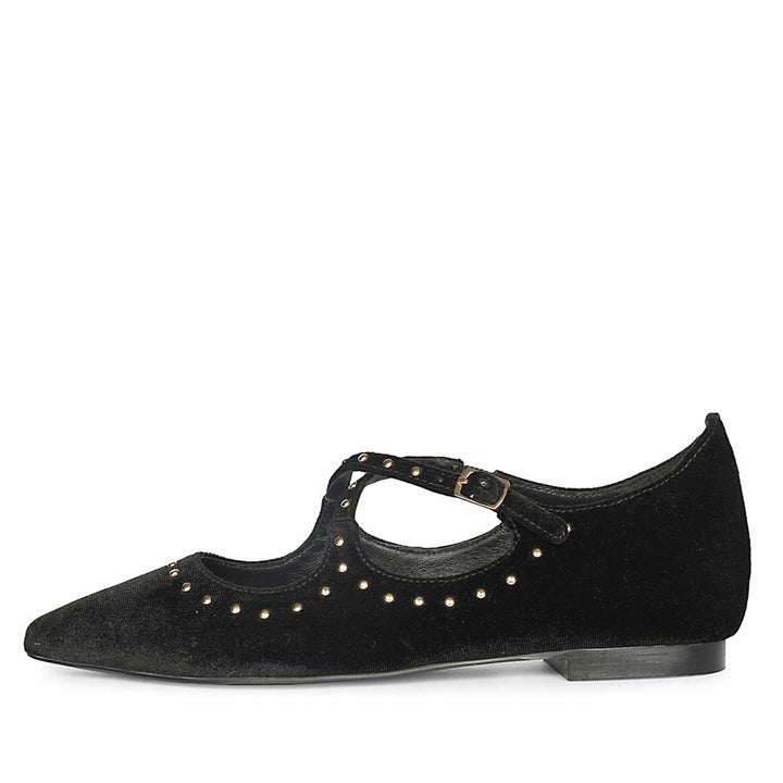 Saint Nivea Golden Studs Black Velvet Ballet Flats