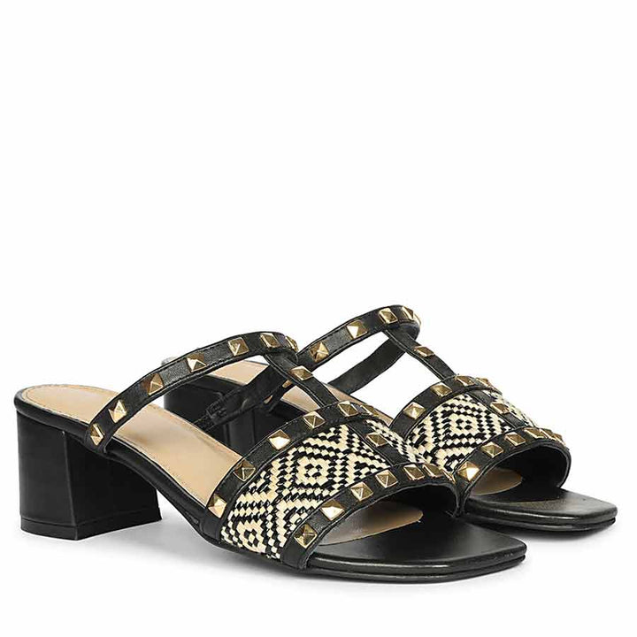 Saint Zafira Pyramid Stud Raffia Black Leather Block Heels