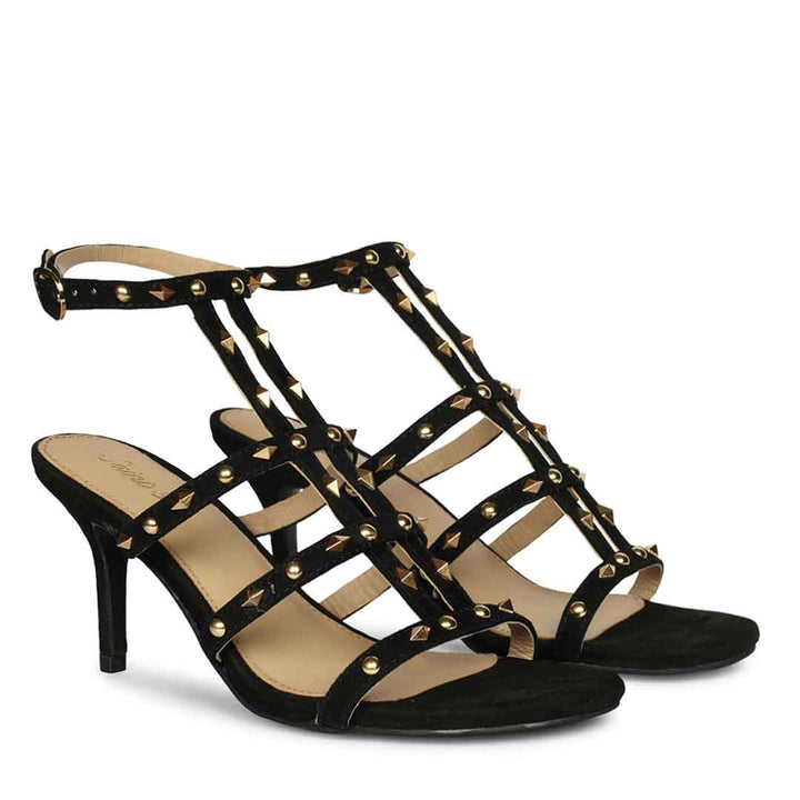 Saint Quenel Metallic Black Leather Studded Stilettos