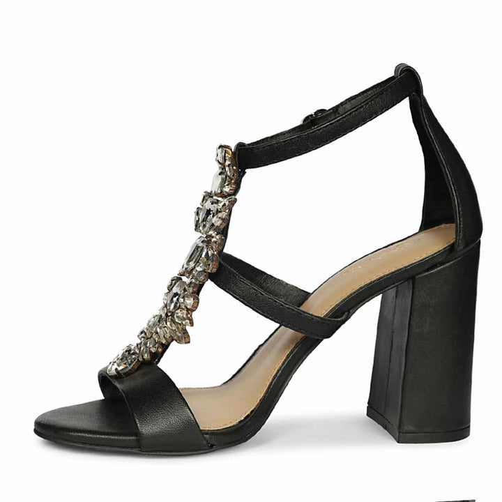 Saint Colleen Silver Stone Metallic Black Leather Block Heels