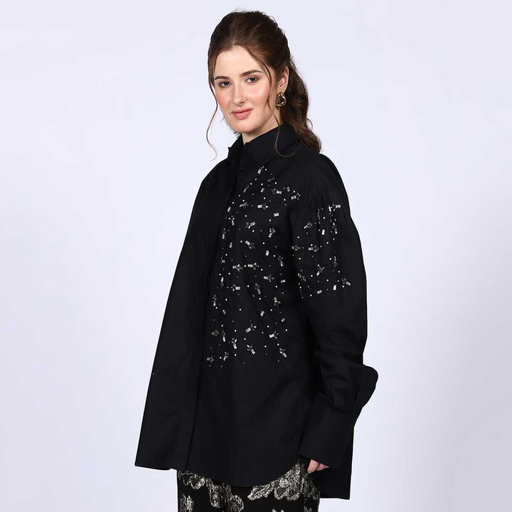 Saint Amelia Black Cotton Rhinestone Shirt