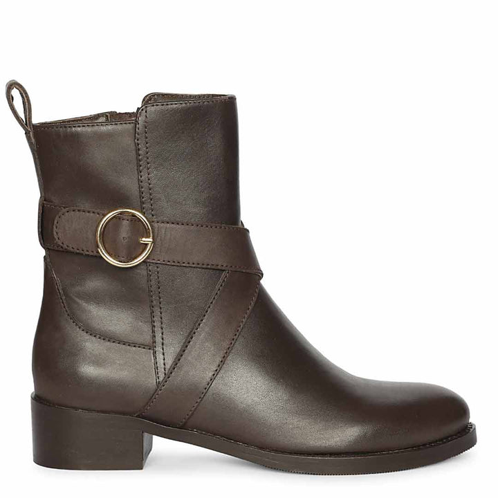 Saint Valentina Gold Buckle Brown Leather Ankle Boots