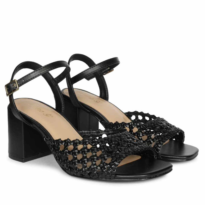 Saint Felicia Black Woven Metallic Leather Block Heels