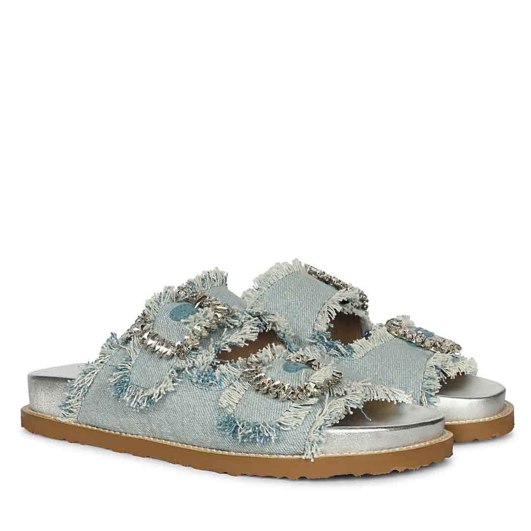 Saint Riviera Crystal Buckle Sky Denim Footbed Sandals